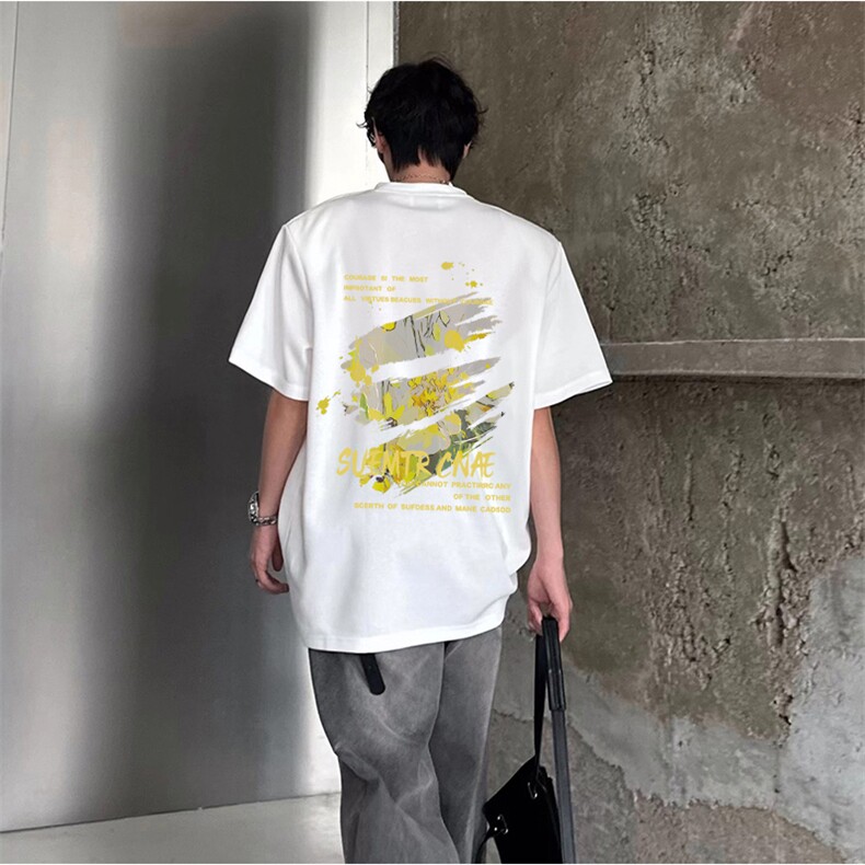抖音得物供货210克现货宽松纯棉美式潮牌印花落肩袖纯棉T恤AT2150图片