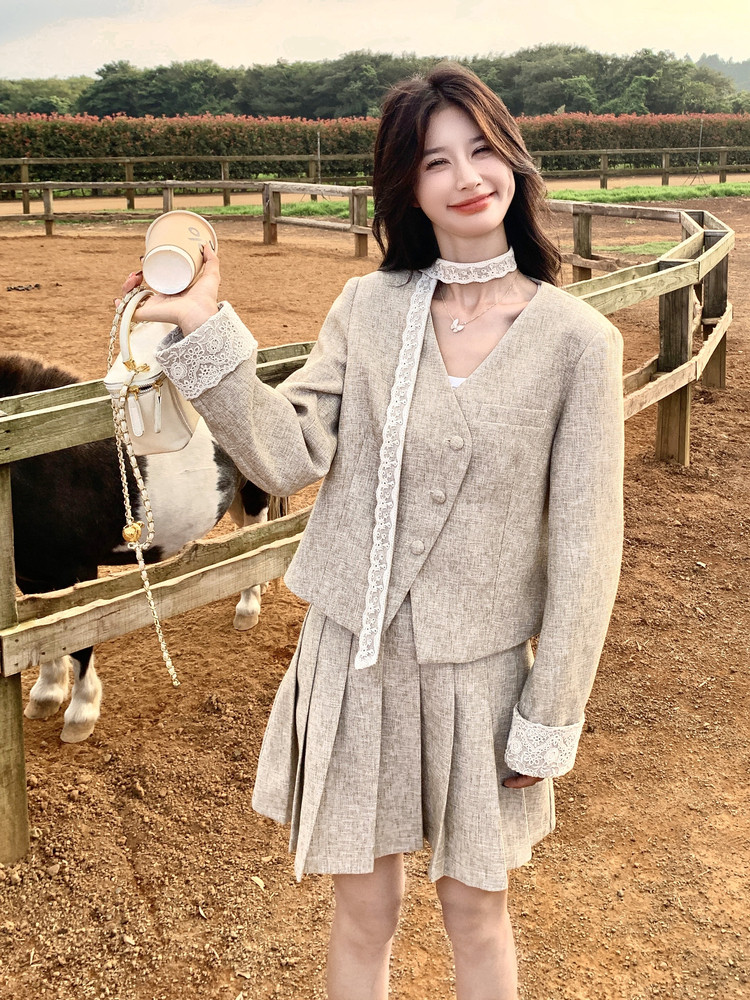现货-2025年秋季新款小香风套装外套显瘦百褶裙减龄两件套女,女装套装/套裙,1D102-1