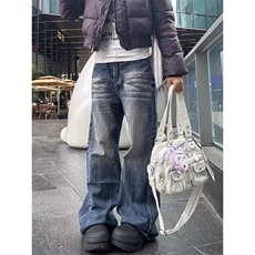 美式高街潮牌复古水洗猫须牛仔裤男宽松阔腿微喇百搭长裤子，男装牛仔裤，星座506A