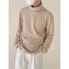 【003】宽松半高领条纹长袖T恤宽松百搭上衣打底衫A079-T102-P39，男装T恤，电商A079
