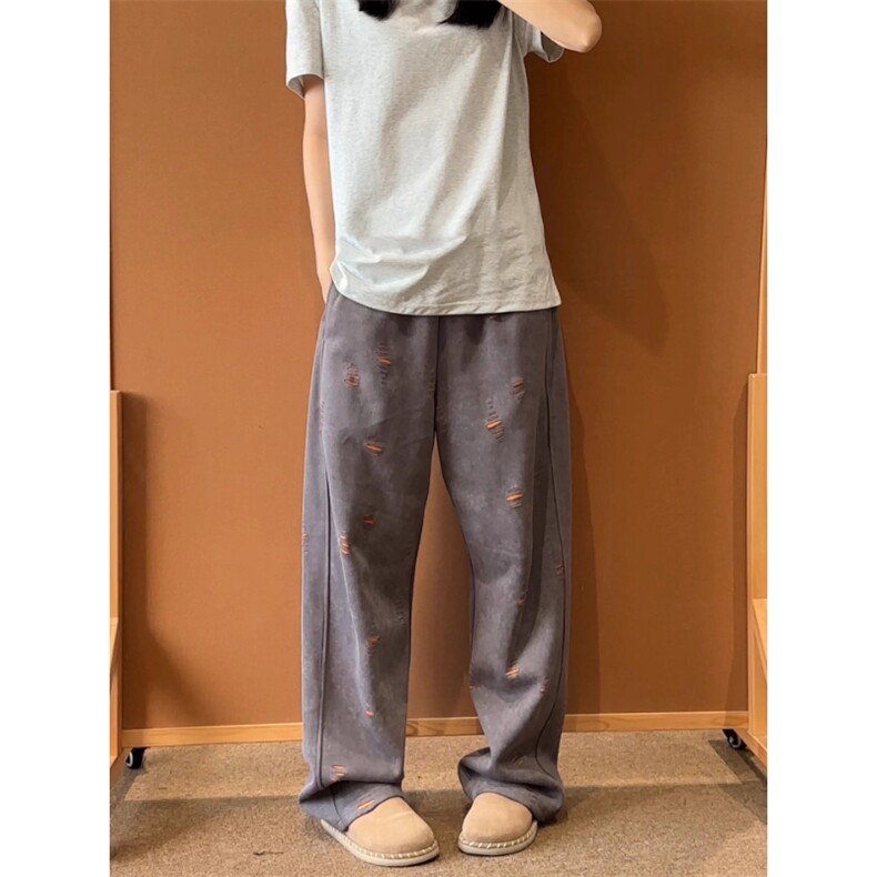 现货~自制高品质撞色破洞弯刀卫裤直筒运动休闲裤KZ9874P55,男装休闲裤,星座908-1