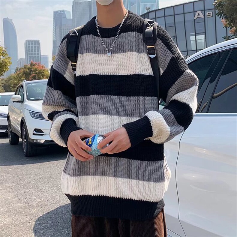 条纹拼色毛衣男秋冬ins潮流宽松打底上衣M668P35,男装针织衫/毛衣,星座1116-2