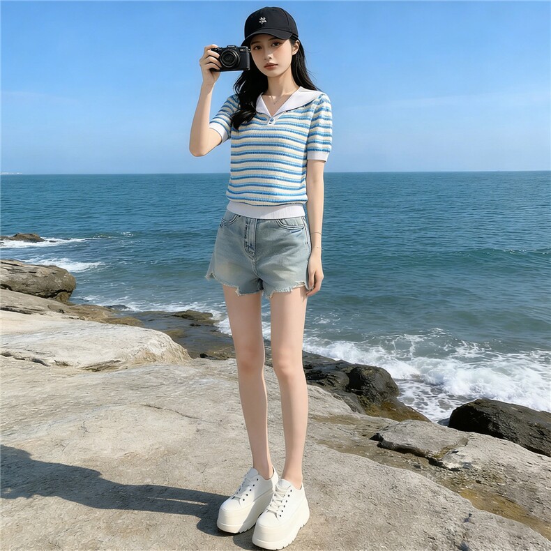 时尚简约套装女夏季新款洋气减龄蓝色翻领条纹上衣牛仔短裤两件套,女装套装/套裙,江南