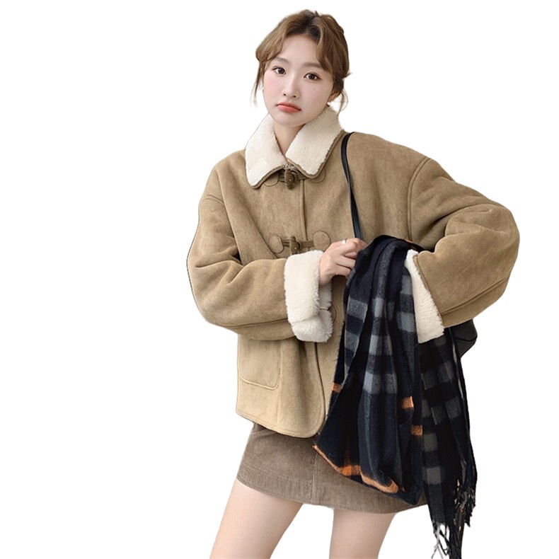 皮毛一体短外套女2024冬新款小个子小个子宽松韩系超好看加厚百搭,女装羊羔毛/颗粒绒,浙宝208
