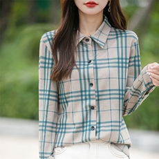 时尚复古格子衬衫女长袖修身显瘦百搭德绒衬衣，女装衬衫，佳绒包芯纱店