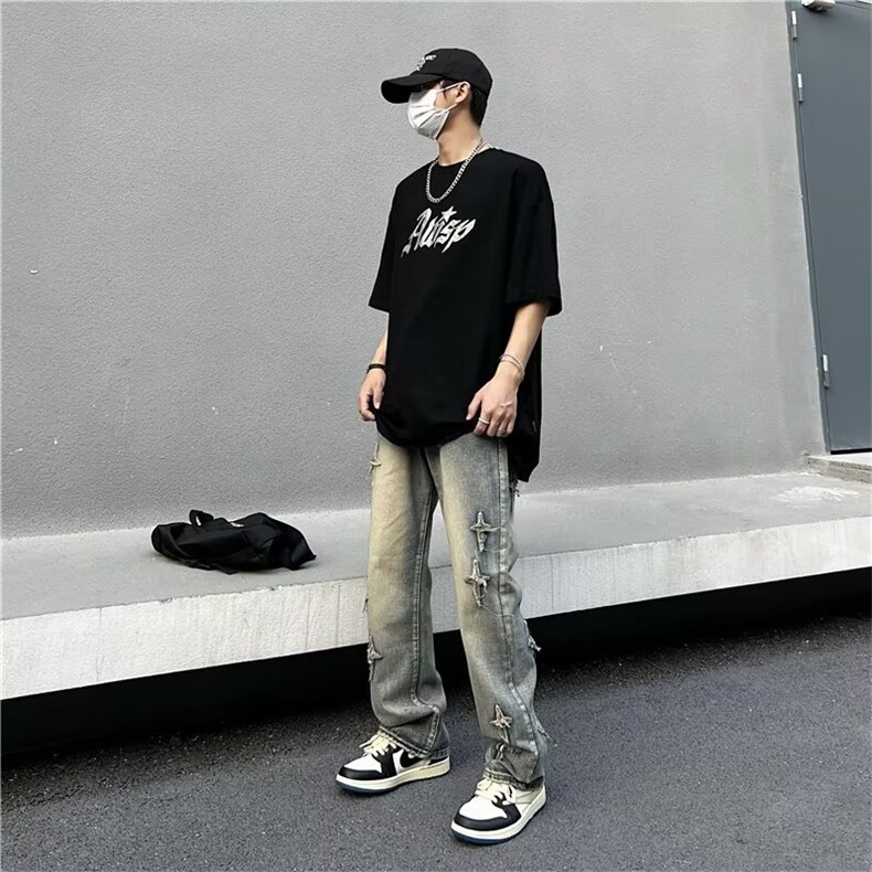 美式vibe裤子高街水洗牛仔裤男设计感小众拉链裤T1627P45,男装牛仔裤,星座1116-2