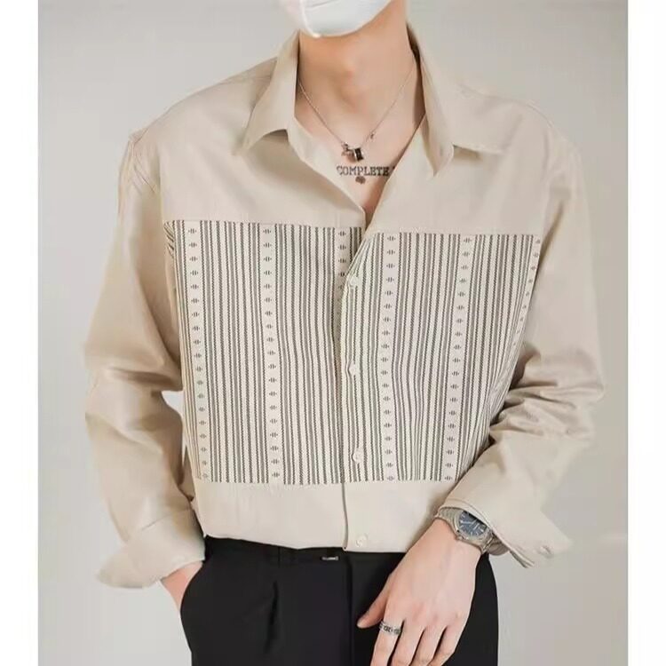 复古工装衬衫男拼接长袖休闲帅气印花衬衣宽松上衣,男装衬衫,星座410-7