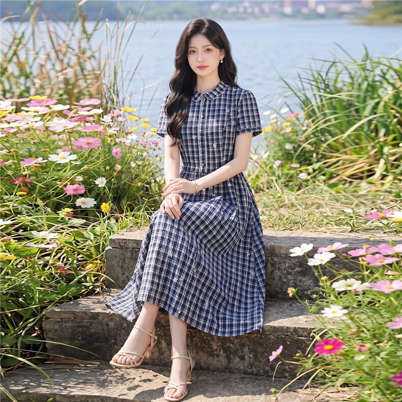 夏季格纹绣花收腰显瘦学院风优雅气质连衣裙,女装连衣裙,水衣源
