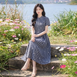 夏季格纹绣花收腰显瘦学院风优雅气质连衣裙图片