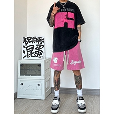 纯棉320G重磅水洗做旧印花短裤A014-DY2371-P50控68，男装牛仔裤，电商A014
