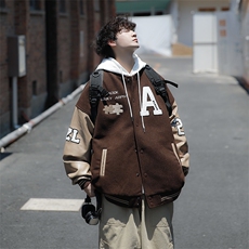潮咖啡色拼图皮刺绣休闲夹克外套美式春秋棒球服男W3781-P55，男装夹克，星座512-2