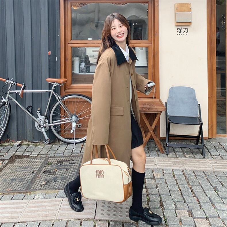 卡其色中长款翻领风衣外套女2024春秋新款小个子高级感英伦风大衣,女装风衣,蝶眷