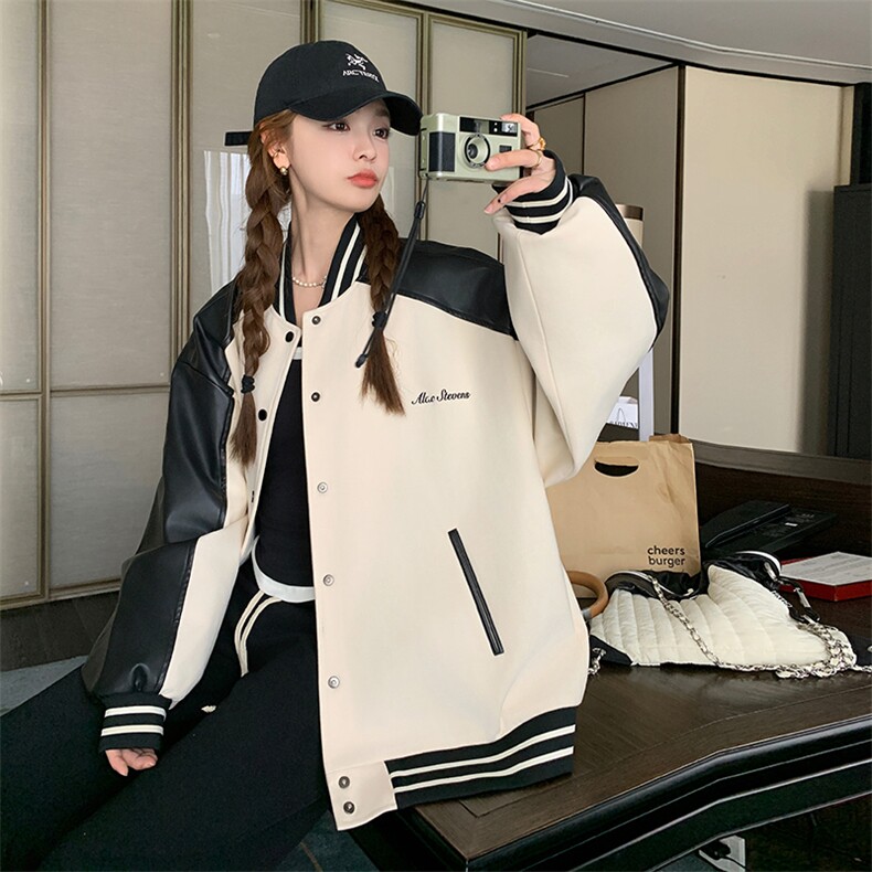 白色短款棒球服外套女春秋2025新款韩系别致甜酷撞色拼接pu皮夹克,女装短外套,2C051