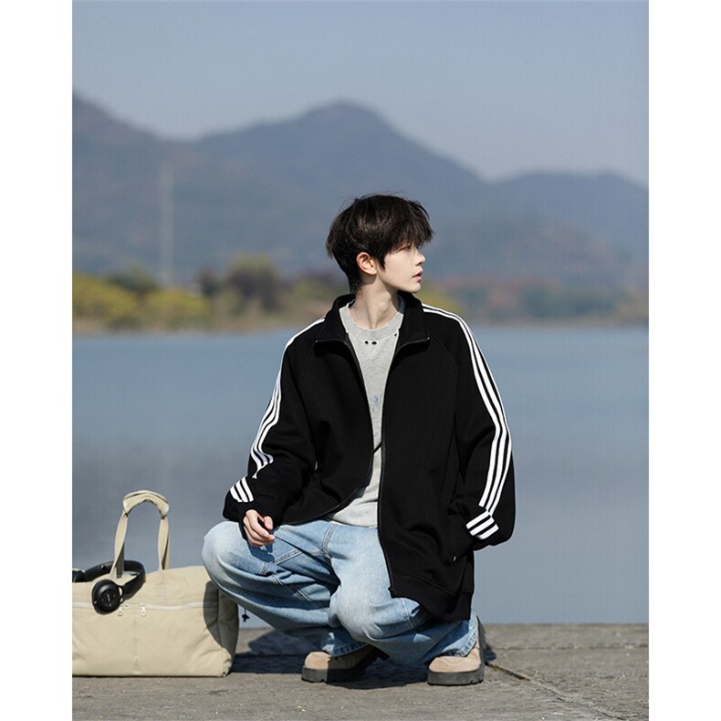 8XL-M三条杠运动卫衣特大码美式条纹立领夹克开衫外套JK5205/P65,男装夹克,电商B238