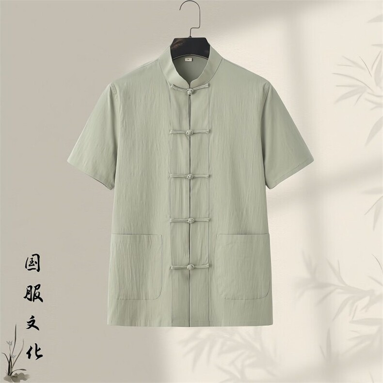 夏季大码盘扣棉麻短袖衬衫新中式风纯色复古微领衬衣GF2501-P55,男装衬衫,星座1105-3
