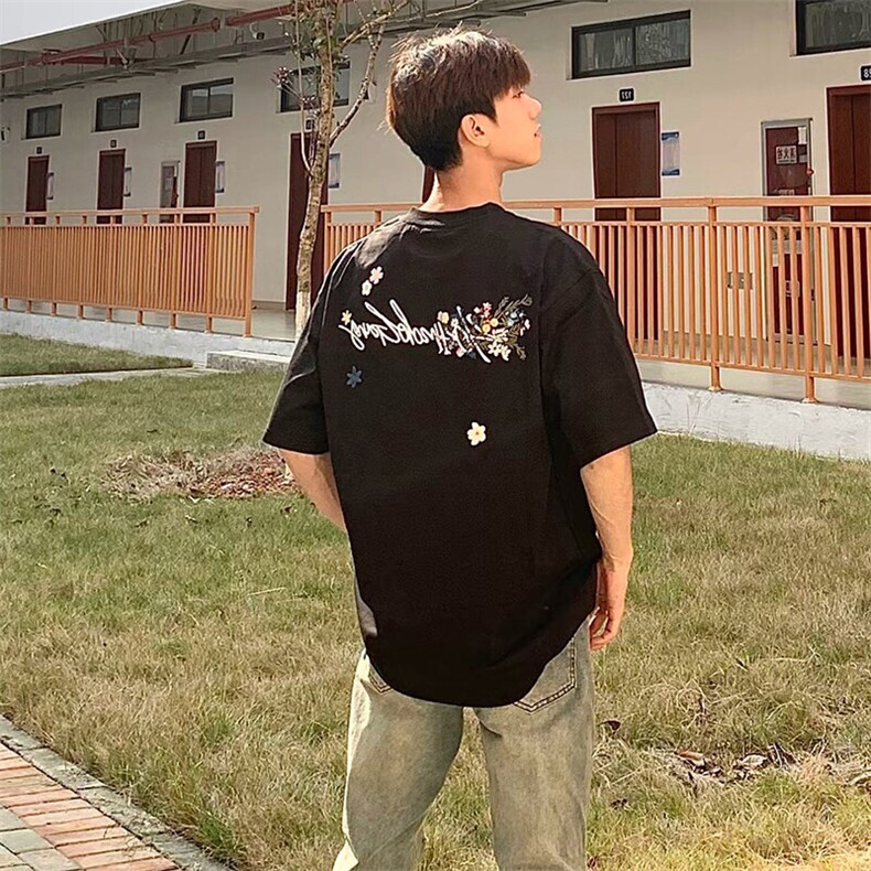 万针全刺绣工艺抖音得物高品质260克重磅纯棉双纱美式高街短袖T恤,男装T恤,电商A486