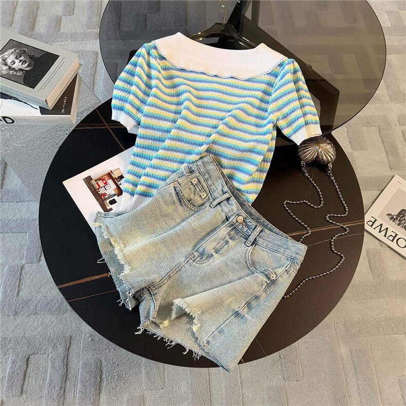 小个子时尚潮流套装女夏季洋气显瘦娃娃领条纹短袖牛仔短裤两件套,女装套装/套裙,2C310