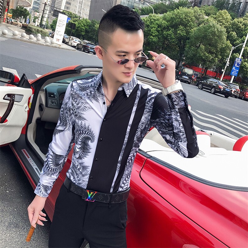 2021春秋衬衫社会男长袖上衣印花男装韩版修身四季潮流衬衣Q840-P55,男装衬衫,星座419（原A233）