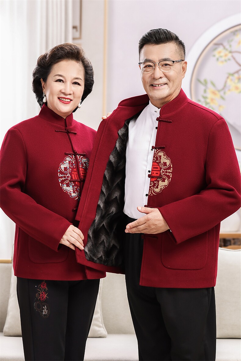 情侣装羊毛呢中老年加绒唐装套装男士风复古新中式双面呢唐装,男装休闲套装,钱塘723