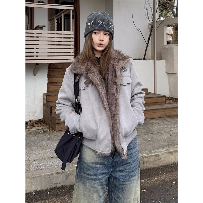 现货 美式复古麂皮绒加厚保暖立领短款显高棉服6056/P110图片
