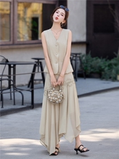 老钱风V领马甲+蕾丝拼接半身裙两件套，女装套装/套裙，采品优优