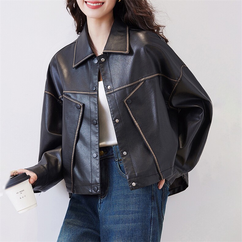 复古拼色皮衣短外套女2024春秋新款高级感小个子机车PU皮夹克上衣,女装皮衣,江南女神