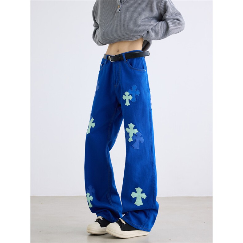 美式十字架牛仔裤重工刺绣贴皮男女同款宽松百搭阔腿长裤N748-P58，男装皮裤，星座308B-2