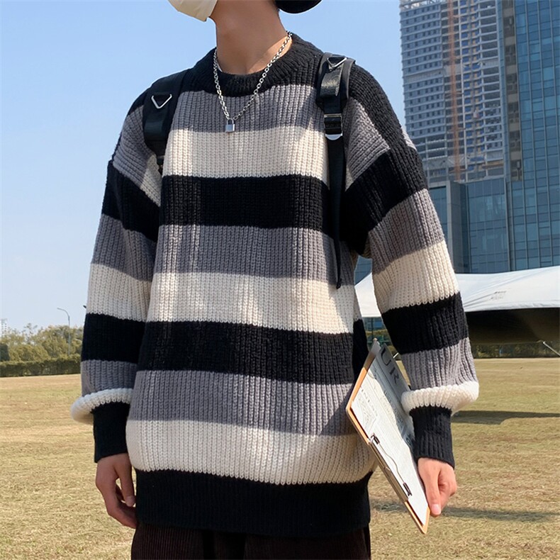 条纹拼色毛衣男秋冬ins潮宽松打底复古圆领情侣针织衫M323-P34,男装针织衫/毛衣,星座512-4