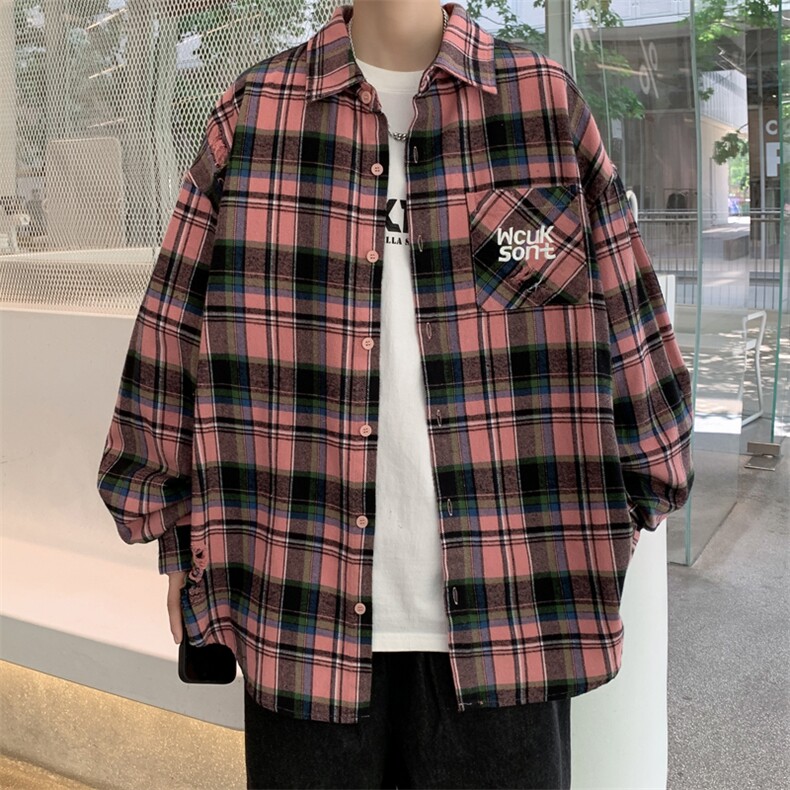 港风秋款男衬衫长袖条纹格子拼色字母刺绣休闲打底衬衣CS136P40,男装衬衫,星座1013-1