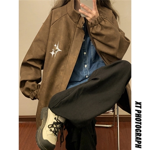 1中性PU皮复古可拆卸四芒星胸针大码M-5XL夹克男JK77757P90控128图片