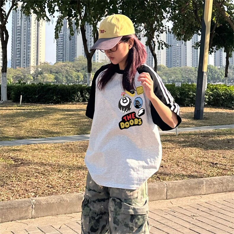 抖音得物品质二开240克宽松纯棉美式潮牌插肩三杠织带短袖T恤,男装T恤,电商A486