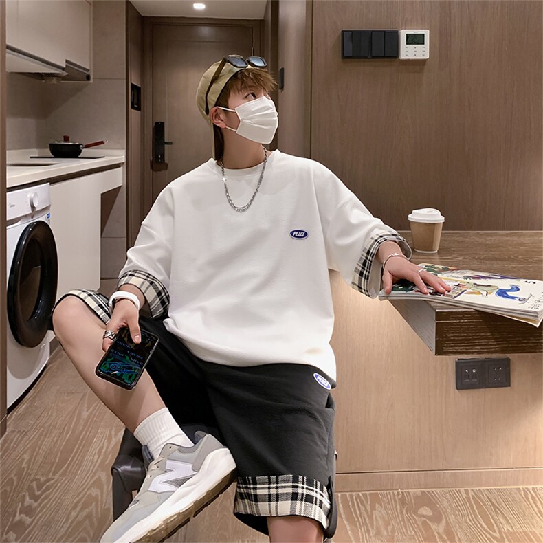 2026夏季冰感拼接短袖短裤套装潮牌冰丝两件套TZ369P60,男装牛仔裤,电商A309