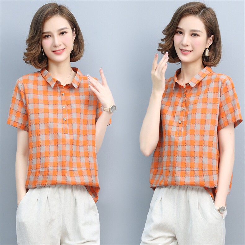 短袖格子衬衫女夏2021新款韩版宽松显瘦拼接套头百搭衬衣女上衣棉，女装衬衫，璐依舞