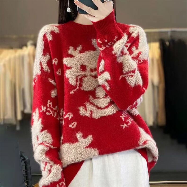 2024秋冬新款羊毛女士新年红小龙人羊毛衫，女装羊毛衫，胜酷羊绒