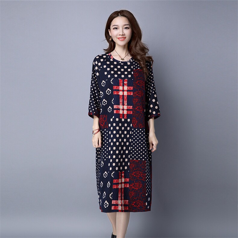 抽象图案圆领通勤连衣裙套头2021年秋季七分袖长裙口袋，女装连衣裙，独衣靓