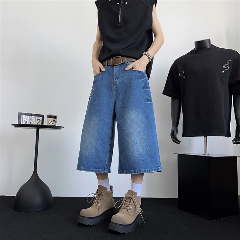 牛仔七分裤男2025夏季新款美式复古高街小众短裤潮D7812-P50,男装牛仔裤,星座308B-1