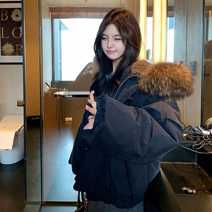 潮牌情侣派克服短款羽绒棉服仿兔毛大毛领连帽棉衣冬外套美式复古图片