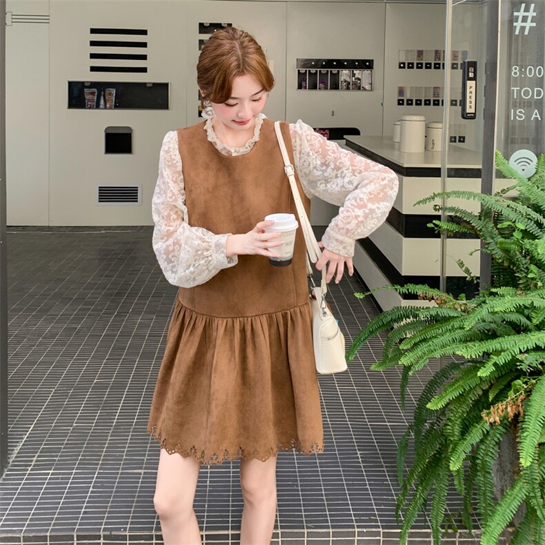 蕾丝打底衬衫上衣两件套连衣裙女秋2025新款休闲显瘦麂皮绒背心裙,女装套装/套裙,2C032