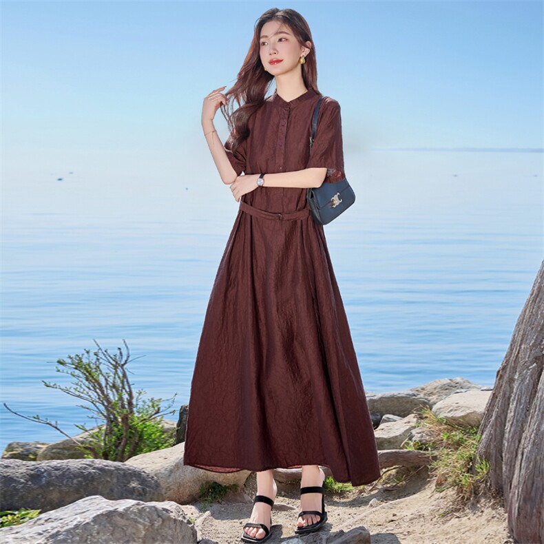 高级感复古提花连衣裙女2025夏新款优雅时尚宽松收腰显瘦气质长裙,女装连衣裙,简古