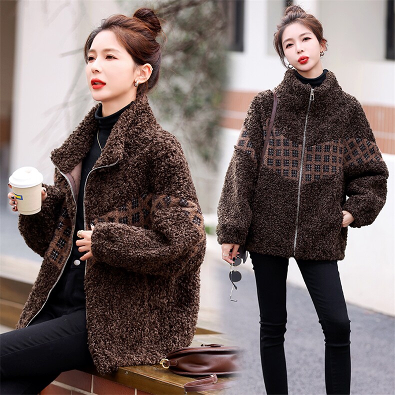 仿羊羔毛外套女皮毛一体秋冬2023新款加厚拼色羊羔绒休闲外套，女装羊羔毛/颗粒绒，姿衣坊