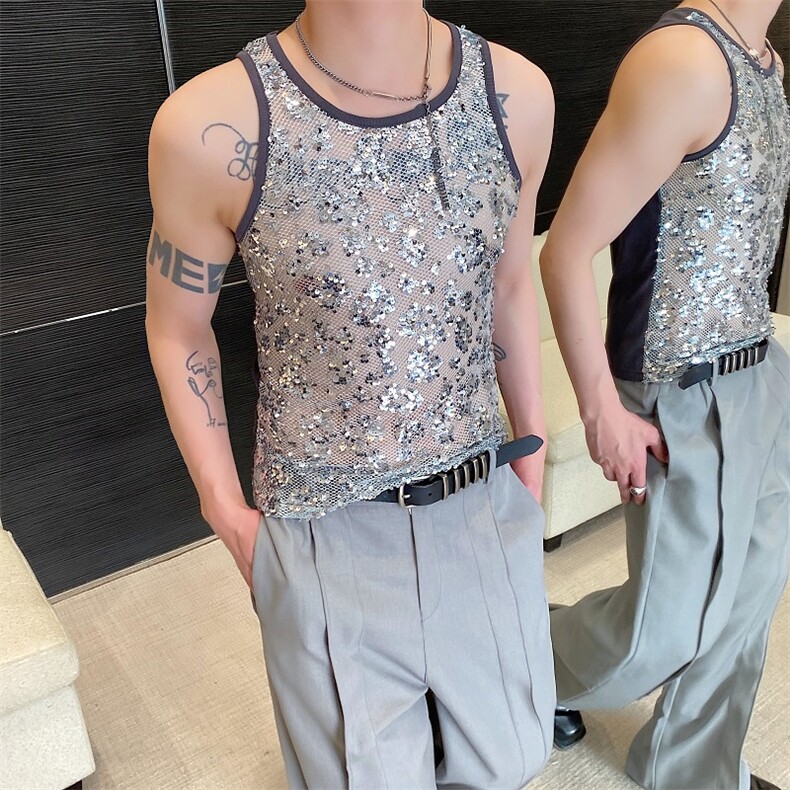夏季亮片拼接弹力紧身圆领背心潮流痞帅舞台装男女坎肩,男装T恤,电商A246