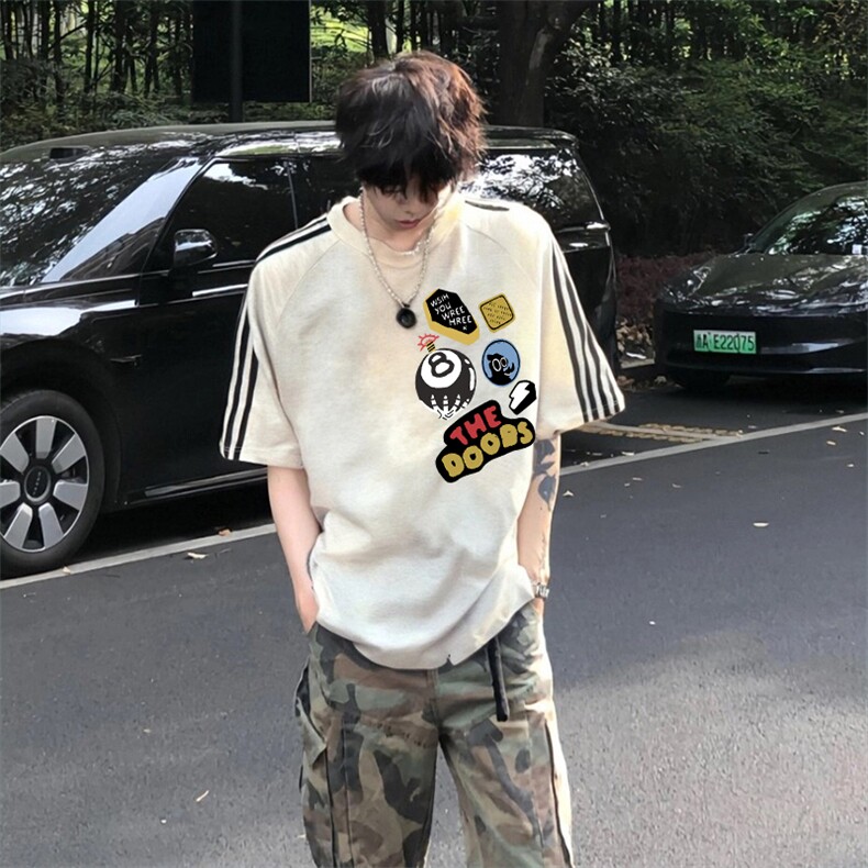 抖音得物高品质二开240克宽松纯棉美式潮牌三条杠织带短袖T恤,男装T恤,电商A486-1