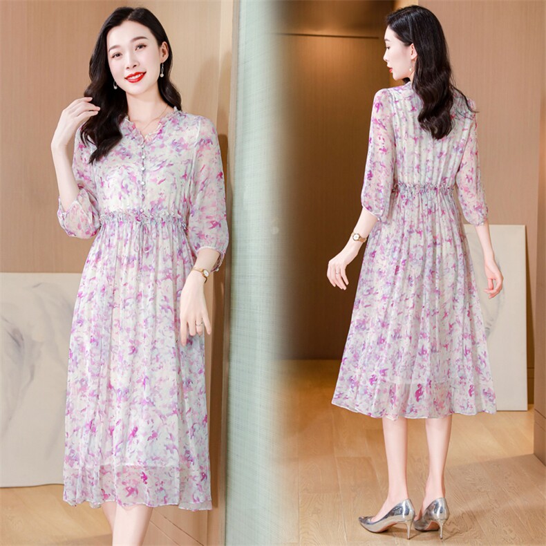 真丝连衣裙2025夏季新款大码女装衣服桑蚕丝高端精致气质碎花裙子,女装连衣裙,阿舍尔精品
