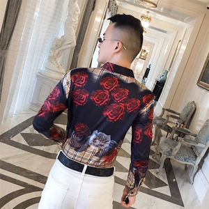 2021春秋衬衫社会男长袖上衣印花男装韩版修身四季潮流衬衣Q848-P55图片
