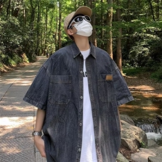 2023夏季短袖牛仔衬衫男款潮牌港风日休闲宽松半袖外套CS06-P45，男装衬衫，星座308B-2