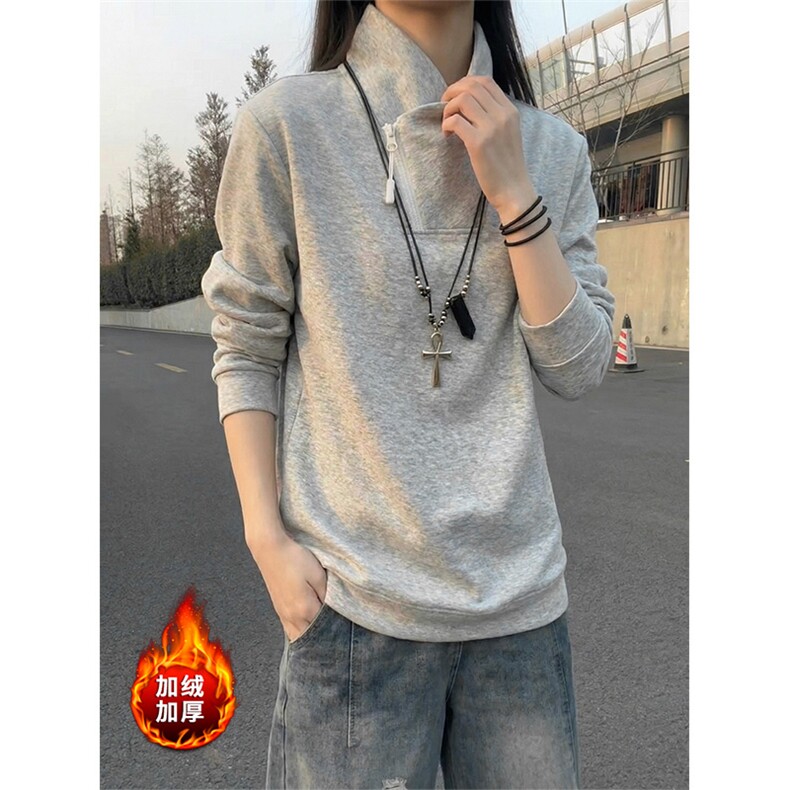 加厚加绒立领斜半拉链卫衣冬季宽松打底衫男女D54167-TP35不,男装T恤,电商A102