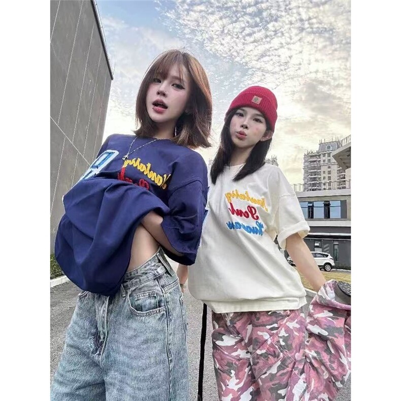 美式潮潮流刺绣植绒短袖男女高街情侣时尚百搭宽松t恤TX1023图片