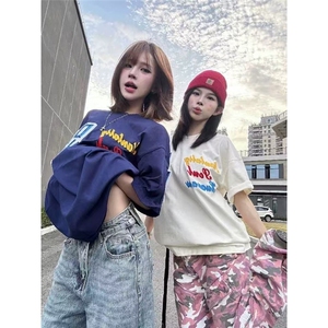 美式潮潮流刺绣植绒短袖男女高街情侣时尚百搭宽松t恤TX1023图片