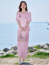 2025夏装新中式通勤洋气圆领衬衣气质垂感百搭半身裙两件套，女装套装/套裙，卡杰菲
