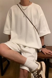 TZ83132/P65夏季新款提花短袖短裤t恤休闲宽松大码两件套套装男图片